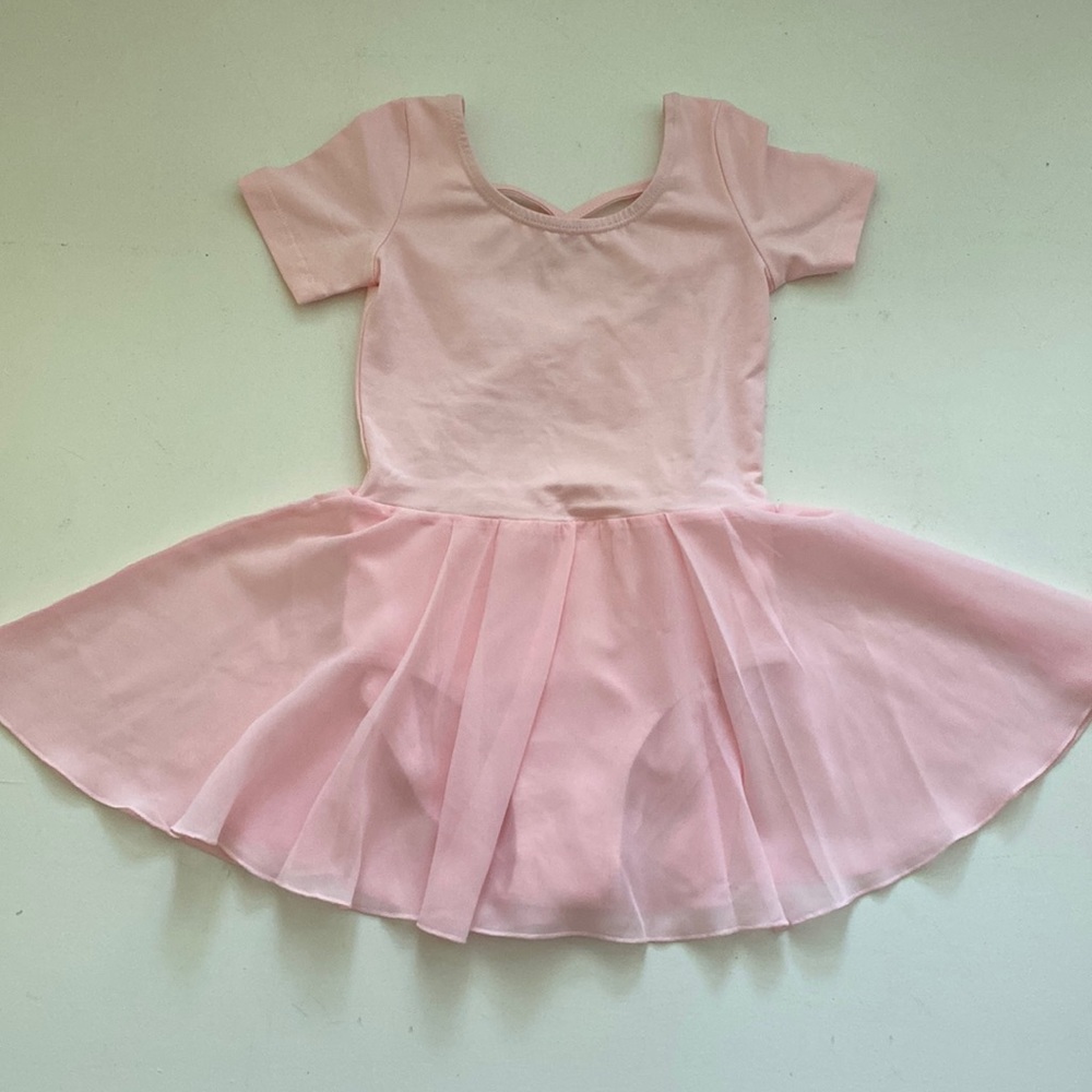 Pink ballet leotard with attached skirt. Short sleeved.